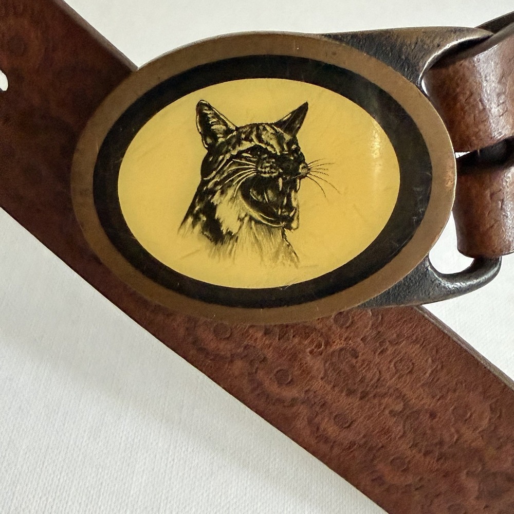 Vtg Tech Ether Bobcat Brass Belt Buckle Country Western Cowboy USA Cougar Lion‎